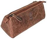Rustic Town Leather Pencil Case - Vintage Zippered Pencil Pouch & Pen Case for Adults, Artists, Writers - Gift for Men & Women