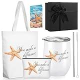 Inbagi 5 Pcs Appreciation Gift for Employee Stainless Steel Wine Tumbler Canvas Tote Bag Makeup Bag Starfish Inspirational Card with Gift Box for Back to School Teacher Women Men Coworker Nurse