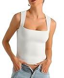 HOYAYO Double Lined Tops for Women Tank Top Sleeveless Square Neck Casual Slim Fit Basic Fitted T-Shirts White S