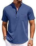 COOFANDY Men Collarless Linen Shirts Casual Summer Short Sleeve Henley Shirts Loose Beach Button Shirts Tops Navy Blue