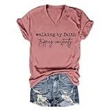 Walking by Faith Tripping Constantly T Shirt V Neck Christian Shirts for Women X-Large Pink