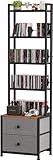 Epouseter CD Storage Rack with Drawer, 5-Tier DVD Organizer Shelf w/Adjustable Book Stoppers, Media Storage Rack for CD/DVD, Books & Games, Ideal for Living Room & Home Office – 15.7x11.8x56.5Inches