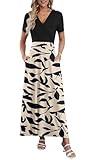 AUSELILY Maxi Dresses for Women Ankle Length Floral Print Beach Long Flowy Dress with Pockets Black Leaf S