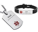 LiFashion LF Stainless Steel DNR Medical Alert Dog Tag ID Pendant Caduceus necklace Set Adjustable Silicone Rubber Chain Medical ID Health Alert Monitoring Systems Jewelry Sets for Men Women