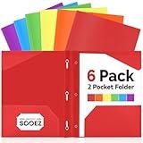 Sooez Plastic Folders with Pockets and Prongs, 6 Pack Pocket Folders with Prongs, Heavy Duty 3 Prong Folders, 2 Pocket Folders for Document, Colored File Folders Back to School Supplies for Kids