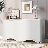 HESIEU Modern Vertical Stripes & Wavy Design 4-Door Storage Cabinet Sideboard for Hallway, Entryway, or Living Room - Spacious Storage with Artistic Flair MDF Construction (White)