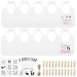 BOUBONI 55 Pcs DIY Baby Bibs Decorating Set Includes 10 White Bibs 12 Fabric Markers 12 Stencils 20 Clothespins 1 Hemp Rope for Baby Shower Games Boys Girls