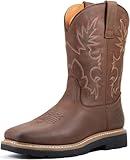 SUREWAY Mens Western Square Toe Cowboy Boots for Men,Soft/Steel Toe Full Grain Leather Slip On Pull On Work Boots for Construction Farming,Steel Toe Brown,Size 9.5