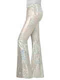 Nawgut Sequin Flare Pants Sparkly Glitter High Waisted Bell Bottoms Leggings Party Disco Clubwear for Women-Medium White