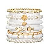 LieToi 7Pcs Preppy Heishi Bracelets Set for Women - Smile Heart Beaded Polymer Clay Stackable Charm Y2K Summer Beach Birthday Gift Layering Bracelets (White Gold)