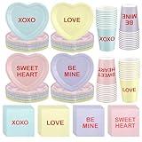 Maxcheck 196 Pcs Conversation Heart Party Supplies Valentine's Day Party Tableware Decoration Heart Candy Disposable Paper Plates Napkins Cups for Valentine Anniversary Birthday Wedding, Serves 48