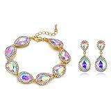 EVER FAITH Women's Crystal Elegant Banquet Waterdrop Pierced Earrings Bracelet Set Iridescent AB Gold-Tone