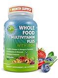 Vegan Whole Food Daily Multivitamin with Iron, Methylated Multivitamin for Women and Men, Made with Fruits & Vegetables, B-Complex, Probiotics, Enzymes, CoQ10, Omegas, Turmeric, Non-GMO, 90 Count