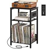 Yoobure Record Player Stand, 3-Tier End Table with Charging Station, Small Side Table for Living Room Bedroom, Nightstand for Vinyl Storage, Tall Beside Tables Turntable Stand for Album CD