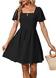 OFEEFAN Women Black Dress Puff Sleeve Square Neck College Graduation Dresses Summer Mini Dress S