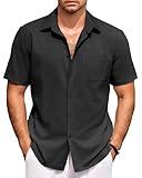COOFNADY Mens Button Up Shirts Short Sleeve Soft Cotton Linen Lightweight Loose Fit Shirts Beach Wear Tops with Pockets Black