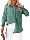 Puff Long Sleeve Button Down Striped Tunic Blouse Oversized Boyfriend Casual V Neck Collar High Low Hem Dressy Business Fashion Clothes for Fall Y2K Trendy Work Outfits Green Striped Large