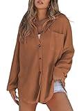 SHEWIN Womens Waffle Knit Oversized Shacket Long Sleeve Button Down Shirts Loose Fit Casual V Neck Summer Tops Womens Spring Fashion 2025, 2XL Brown