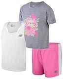 New Balance Girls' Short Set - 3 Piece Athletic Crewneck Tee Shirt Tank Top and Mesh Short Activewear Set (Sizes: 7-12), Size 7-8, Grey/Pink