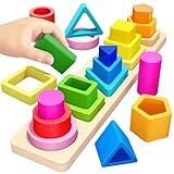 PEBIRA Montessori Toys for 1 2 3 Year Old Boys Girls Toddlers, Heightened Peg-Free Wooden Stacking Toys, Shape Sorter Learning Toy, Birthday Gift for Baby Kid Age 1-4 Preschool Toy, Various Game Play