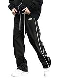 Verdusa Men's Track Pants Straight Leg Acitve Streetwear Elastic Waist Parachute Pants with Pockets Black Large