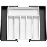 Lifewit Silverware Drawer Organizer, Expandable Utensil Tray for Kitchen, BPA Free Flatware and Cutlery Holder, Adjustable Plastic Storage for Spoons Forks Knives, Large, White&Black