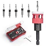 5 Pcs Countersink Drill Bit Set with Low Friction Depth Stop, HSS M2 Bits Tapered Head1/8 9/64" 5/32" Drill+3/8” 82° Counter-Bore,11/64" 3/16" Drill+ 1/2" 82° Counter Bore,1/4” Hex Shank(Red)