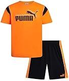 PUMA Boys Active Shorts Set - 2 Piece Dry Fit T-Shirt and Performance Gym Shorts - Activewear Clothing Set for Boys (4-16), Size 14/16, Orange/Navy