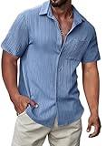 JMIERR Mens Textured Shirts Short Sleeve Button Down Casual Linen Shirts for Men Hawaiian Beach Shirt with Pocket, XL, Sky Blue