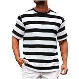 Striped Shirt for Men Short Sleeve T Crewneck Fitted Everyday T-Shirt Casual Tee Regular Fit Workout Fashion 2025 Cotton Black and White Pajama Tops Soft Loungewear Retro 01#,Black,Plus Size 4X