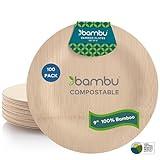 Bambu Pack of 100-9 Inch Round 100% Bamboo Plates – Premium Disposable Dinnerware | Elegant, Biodegradable Veneerware Natural Tableware for Weddings, Parties, Entertaining & Special Occasions