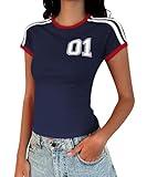 JUMPCCOKO Y2k Shirts Graphic Baby Tees for Women Crop Tops Summer Short Sleeve Tops for Women 2000s Clothing Trendy Navy Blue