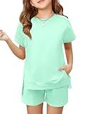 Haloumoning Girls 2 Piece Summer Outfits Kids Short Sleeve T-Shirts and Elastic Waist Shorts Clothing Sets