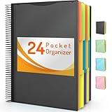 Forvencer 24 Pocket Project Organizer, 1/3-cut Tab Binder Organizer with Sticky Labels, Multi Pocket Folder with Zipper Pouch, Folder Binder Spiral Pocket Notebook, Office Supplies