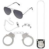 4 Pcs Detective Costume Accessories Set, Detective Role Play Dress Up, Detective Cosplay Prop, Spy Agent Costume Accessories - Sunglasses, Ear Piece, Badge, and Handcuffs Black