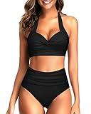Tempt Me Women's Vintage Swimsuits Pure Black Retro Halter Ruched High Waist Bikini with Bottom L