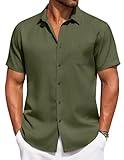 COOFANDY Mens Linen Shirt Summer Beach Vacation Shirts Casual Button Down Short Sleeve Top Resort Wear for Men Army Green
