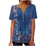 Day-Prime-Deals Summer Tops for Women 2025 Trendy Boho Floral Print Tunic Shirts Short Sleeve Button v Neck Tshirt Casual Loose Blouse 4-Sky Blue x-Large