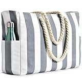 Becokan Beach Bags for Women Pool Bag Waterproof Sandproof Beach Bag Large Beach Swim Bag with Zipper Stripe Beach Bag Tote