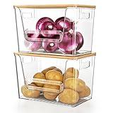Delamu 2 Set Pantry organizers and Storage, kitchen organizers and storage with Bamboo Top, Stackable Kitchen Pantry bin for Onion,Potato,Fruits,Produce,Vegetable,Clear