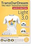 TransOurDream Heat Transfer Paper for Inkjet & Laserjet Printer (10 Sheets 8.5x11, Light 3.0) Printable HTV Heat Transfer Vinyl for T Shirts Iron on Transfers Paper for Light Fabric