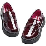 MIXIN Girl's Loafers Slip On Oxford Shoes Round Toe School Uniform Dress Shoes Chunky Heel Flats for Little Kid/Big Kid Wine Size 3