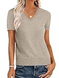 ANRABESS Women’s Wool Blend Tops Short Sleeve V Neck Soft Business Dressy Casual Pullover Sweater 2025 Trendy Outfits Almond Large