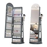 LVSOMT 360° Swivel Arched Jewelry Mirror Cabinet, 64"H Standing Jewelry Armoire with 6 LED Lights, Lockable Jewelry Organizer, Arch Full Length Mirror with Storage, Inner Makeup Shelf, Drawers (Grey)
