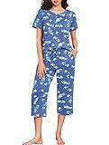 Ekouaer Capri Pajamas Short Sleeve Mumu Pjs Sets 2 Pieces Pleated Top and Capri Pants Sleepwear Loungewear for Women Blue Leaves Medium