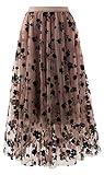 Reaowazo Skirts for Women Midi Long Length Dressy Casual Trendy Summer Tulle A-Line Floral High Waist Skirt Khaki L-XL
