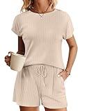 Ekouaer Pajamas Set for Women 2 Piece Pjs Ribbed Knit Lounge Set Cap Sleeve Loungewear Sleepwear Beige M