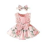 KAFIREN Baby Girl Dresses 3-6 Months Newborn Romper Dress Infant Lace Ruffle Sleeveless Summer Outfits with Headband Pink Flower 3-6 Months 80cm