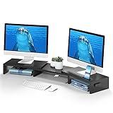BONTEC Dual Monitor Stand Riser with Smartphone Holder, Adjustable Length & Swivel Angle, Ergonomic Wooden Desktop Organizer for PC Monitor, Laptop, Printer, Large Storage, Black