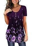 BeadChica Women's Tunic Tops For Leggings Short Sleeve Shirts Botton Up Casual Ruched Blouses Clothing Floral-XL Purple